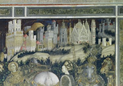 聖ジョージとトレビゾンドの王女、背景の都市の詳細、1433-38年 作： Antonio Pisanello